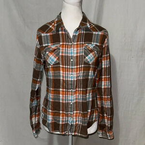 brown orange blue white plaid Mossimo Supply Co button up shirt size large